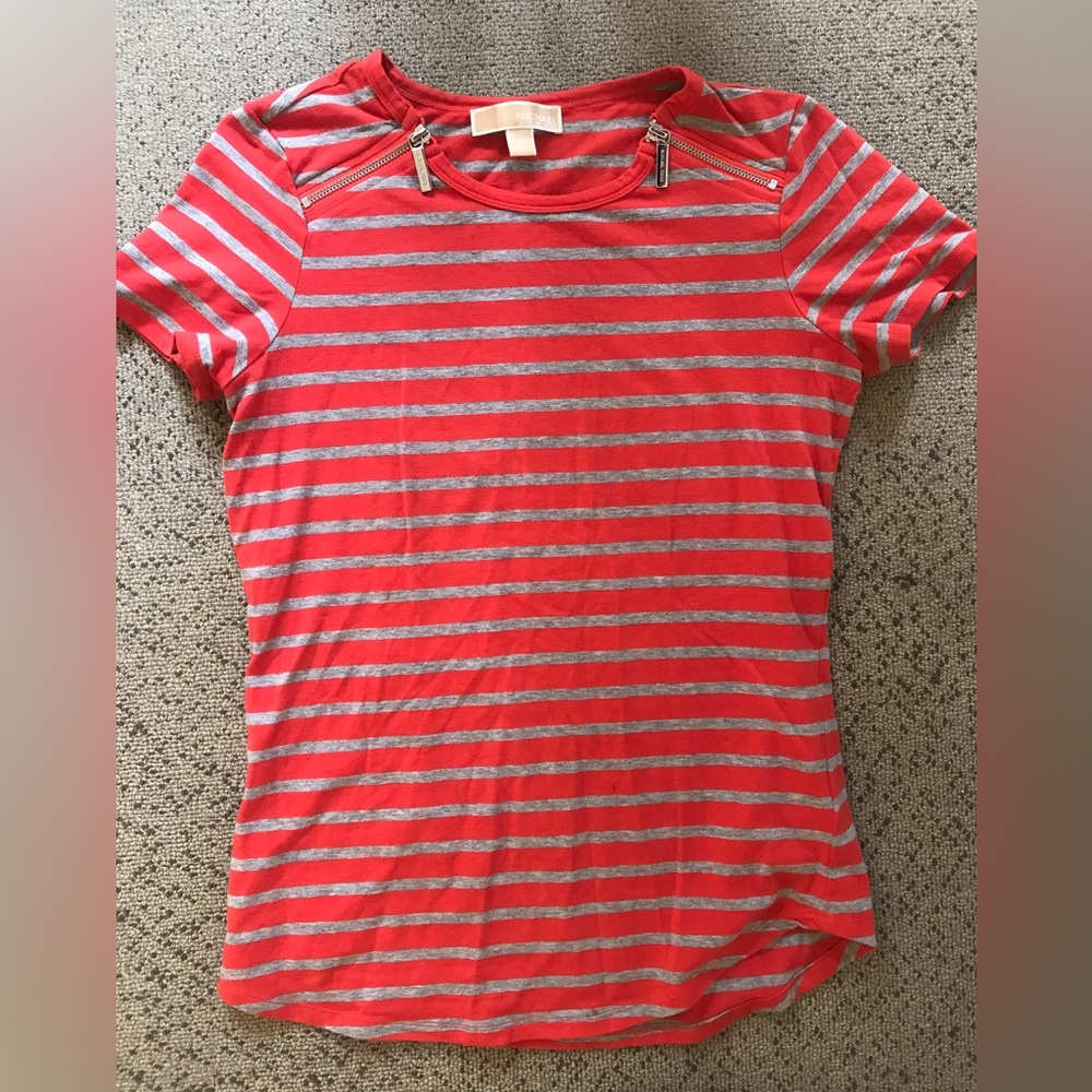 Michael kors Striped Red and Gray Short Sleeve Women's Top with Shoulder Zippers